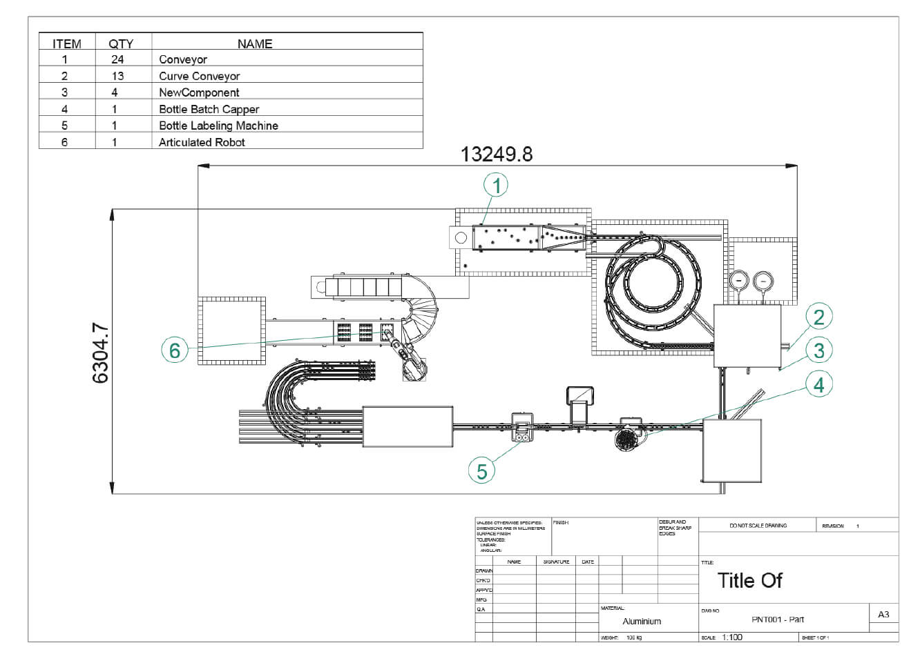 Drawing of a production line with 6 components