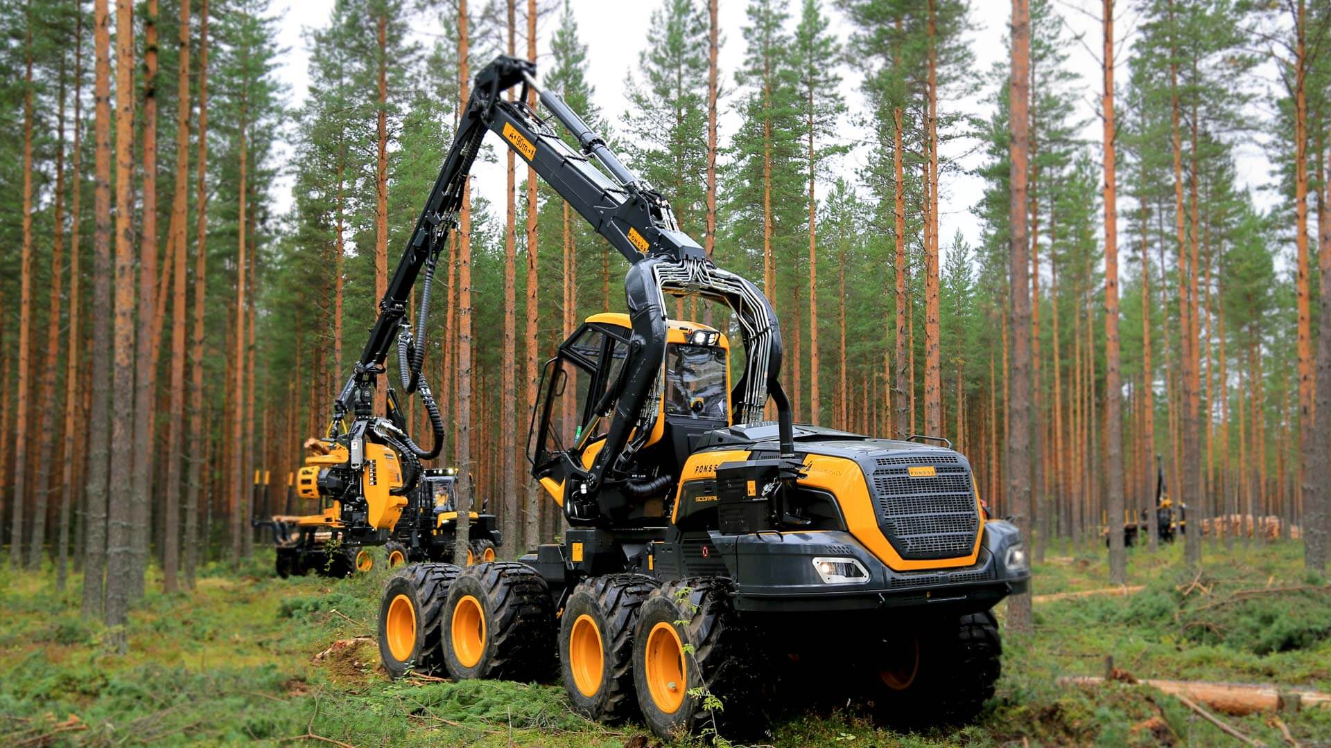 A Ponsse forestry machine at work in the woods