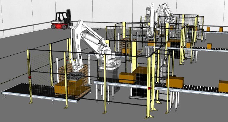 Rendering of robots at a conveyor belt